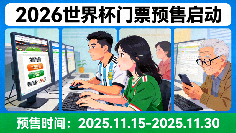 2026世界杯门票预售启动，球迷在电脑前抢票的示意图